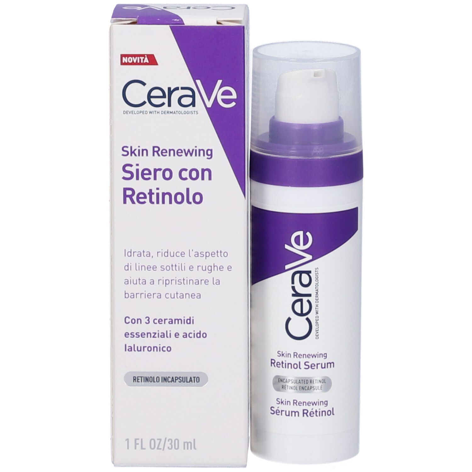 Prodotto e confezione. Scritta: CeraVe Skin Renewing Siero con Retinolo. Scatola e flacone.