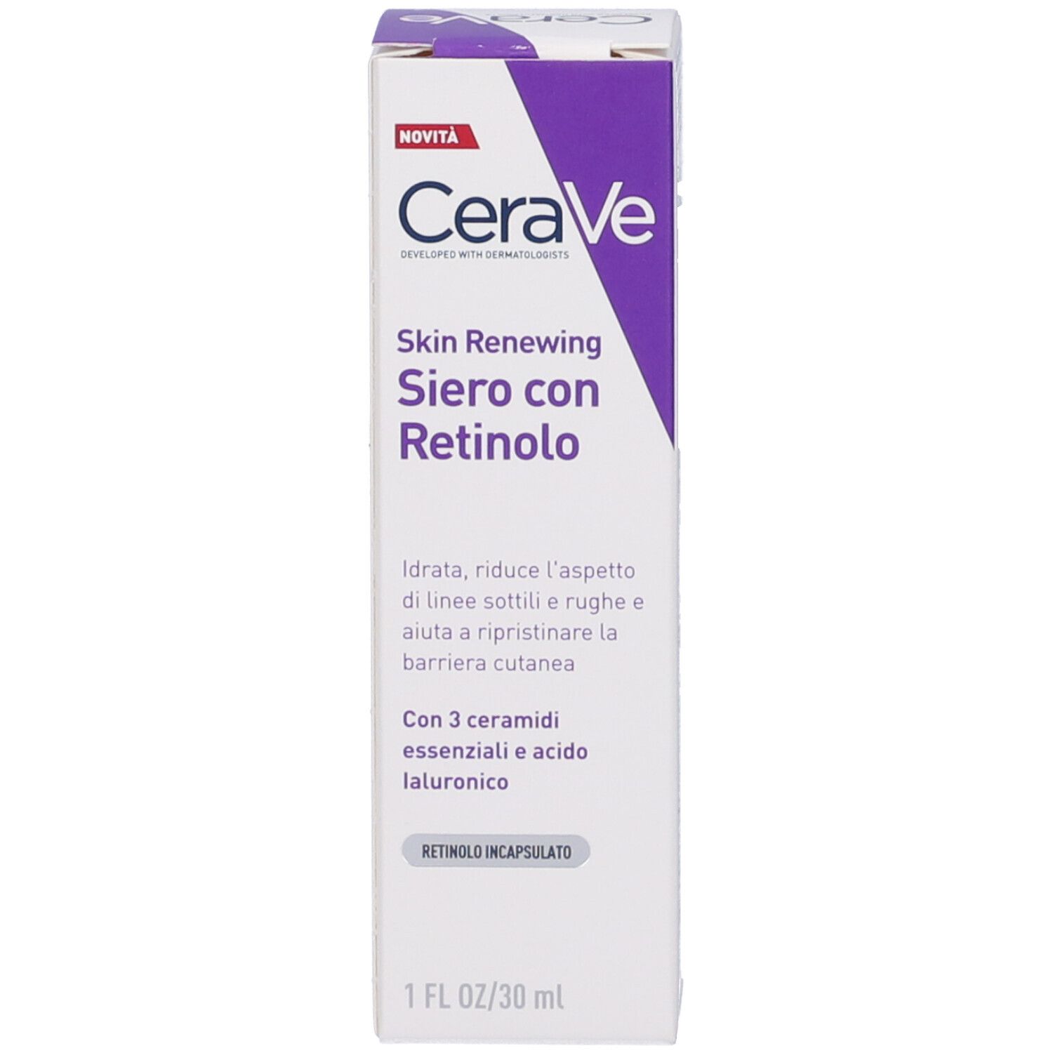 Confezione del prodotto. Scritta: CeraVe Skin Renewing Siero con Retinolo. Scatola.