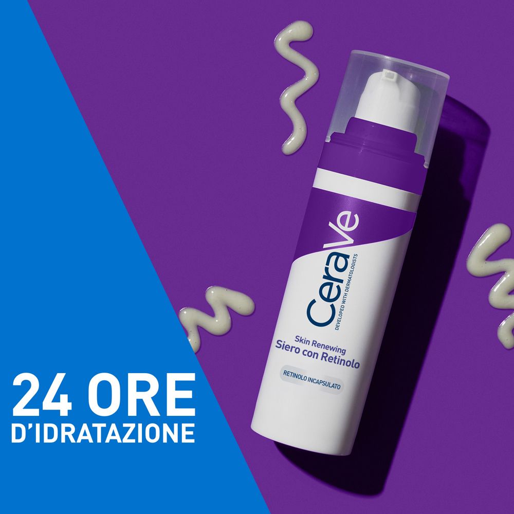 Flacone bianco-viola. Testo: CeraVe, Skin Renewing Siero con Retinolo. 24 Ore D'idratazione.
