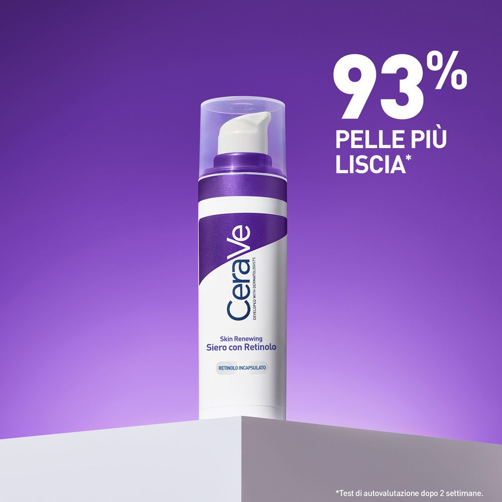 Flacone bianco-viola. Testo: CeraVe, Skin Renewing Siero con Retinolo. 93% Pelle Più Liscia.
