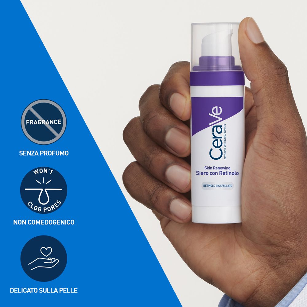 Mano che tiene un flacone. Simboli: Senza profumo, non ostruisce i pori, delicato sulla pelle. Testo: CeraVe.