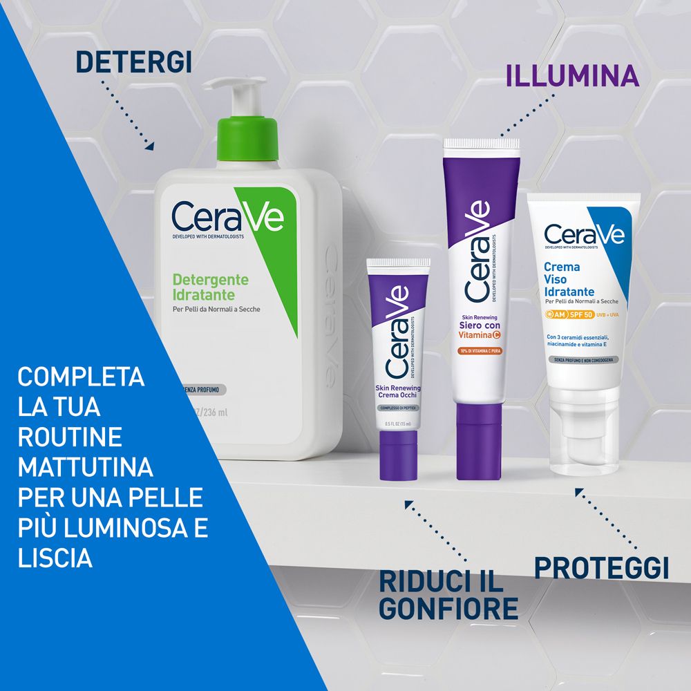 Gamma di prodotti: Detergenza, idratazione, crema occhi, protezione solare. Testo: CeraVe. Routine per una pelle luminosa.