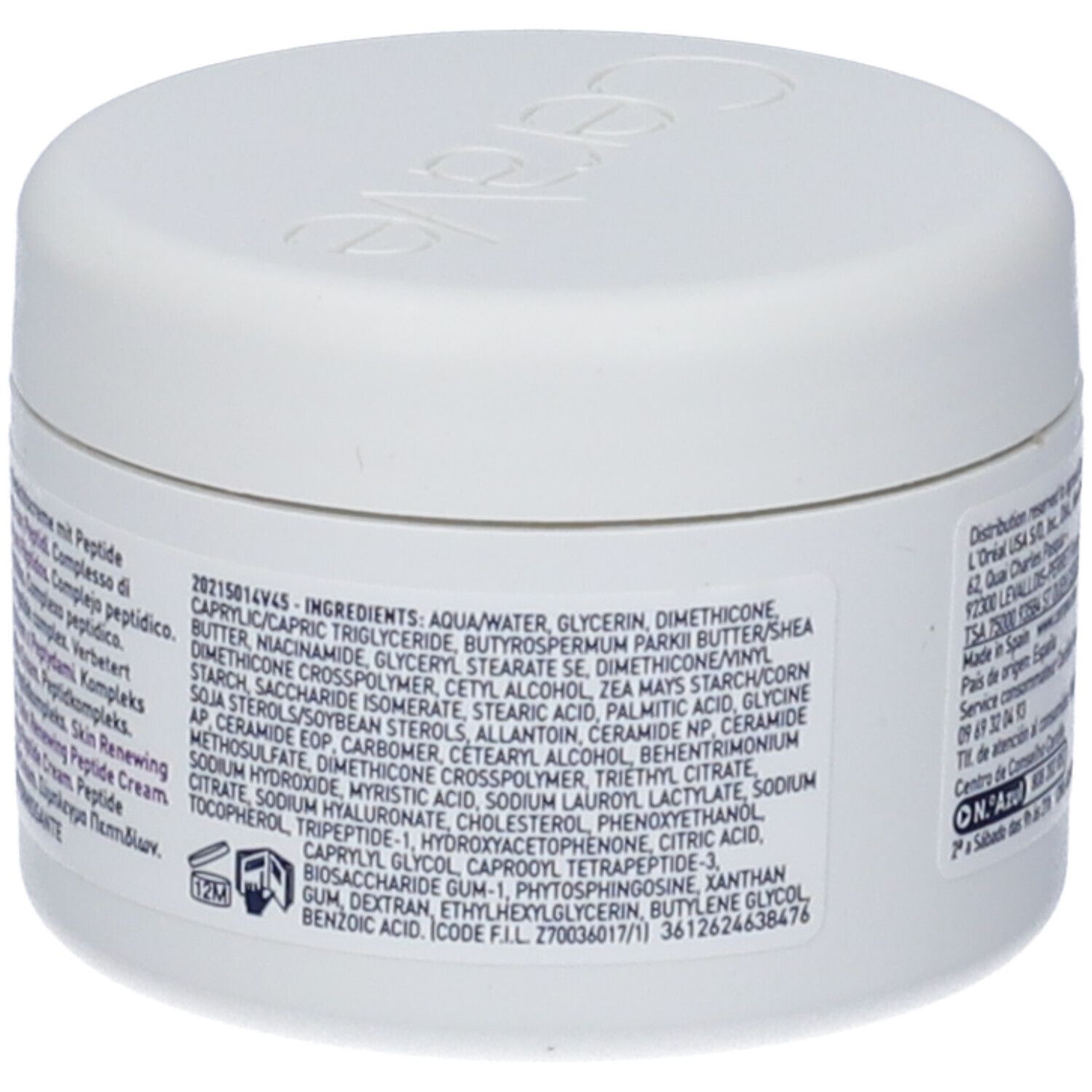 Vaso bianco con coperchio. Retro con testo, ingredienti. CeraVe Skin Renewing Peptide Cream. 1.7 oz/48 ml/48 g.