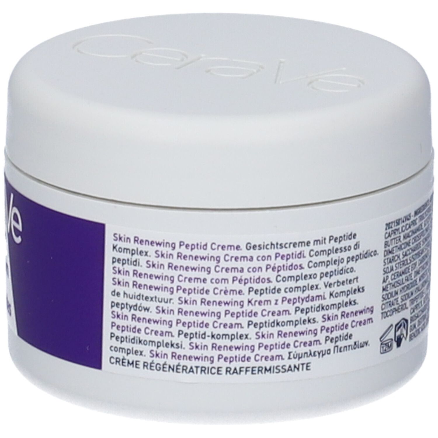 Vaso bianco con coperchio. Etichetta: CeraVe Skin Renewing Peptide Cream. Testo multilingue. 1.7 oz/48 ml/48 g.