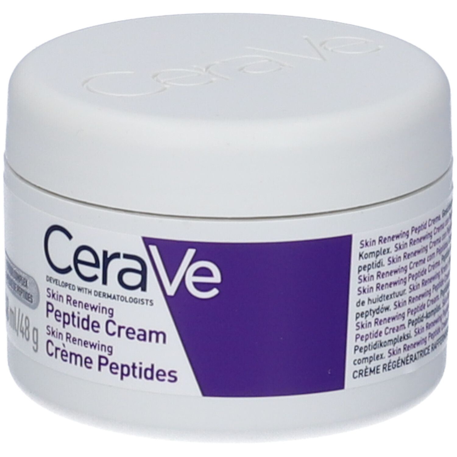 Vaso bianco con coperchio. Etichetta: CeraVe, Skin Renewing Peptide Cream. Accento viola. 1.7 oz/48 ml/48 g.