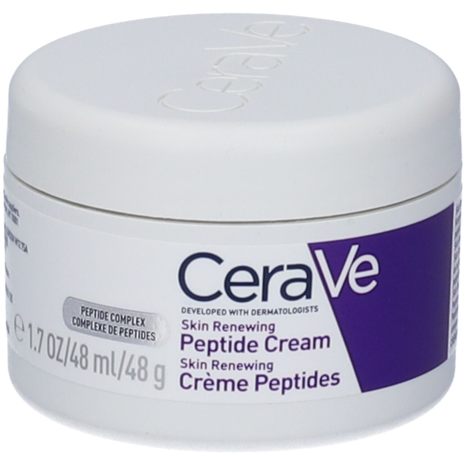Vaso bianco con coperchio. Etichetta: CeraVe, Skin Renewing Peptide Cream. Accento viola. 1.7 oz/48 ml/48 g.