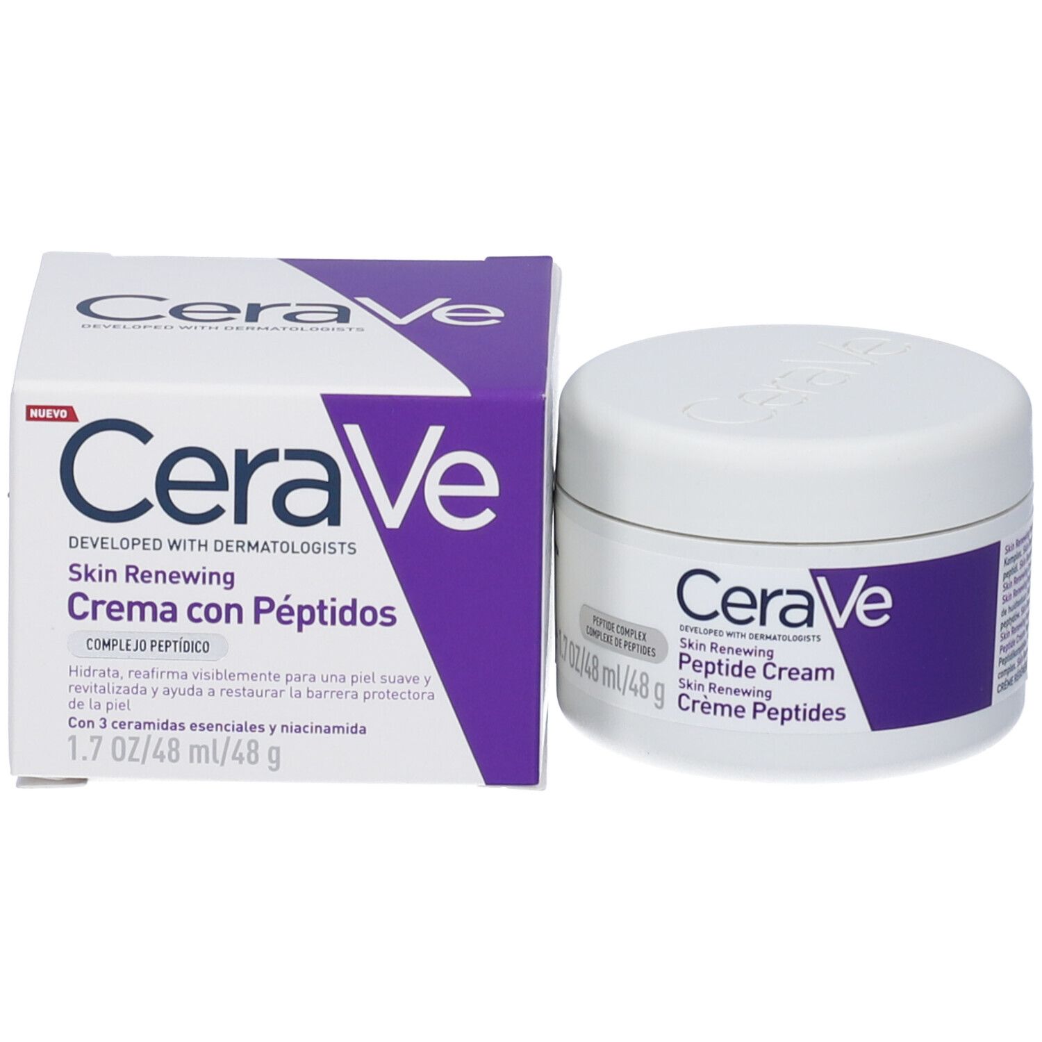 CeraVe Skin Renewing Crema con Péptidos e confezione. Vaso bianco e scatola. Accento viola. 1.7 oz/48 ml/48 g.