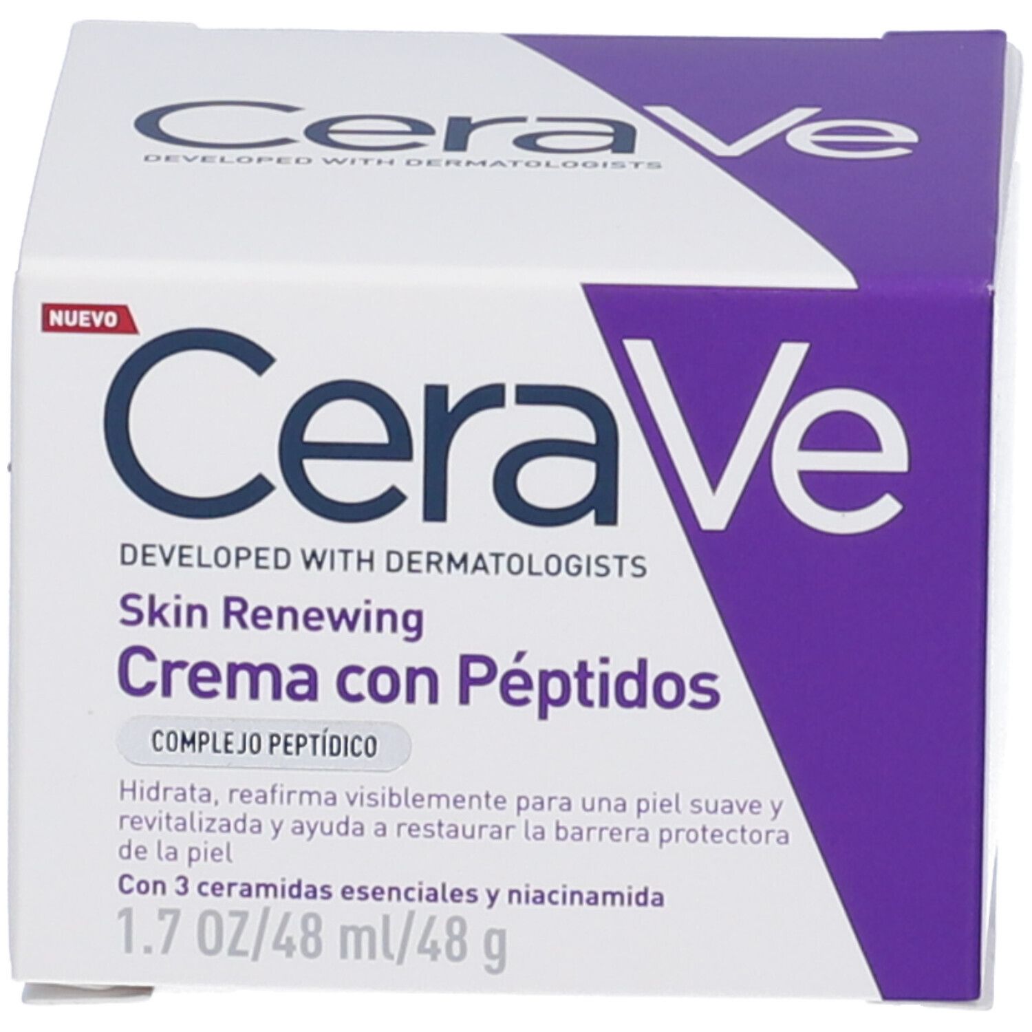 Confezione di CeraVe Skin Renewing Crema con Péptidos. Scatola bianca con accento viola. 1.7 oz/48 ml/48 g.
