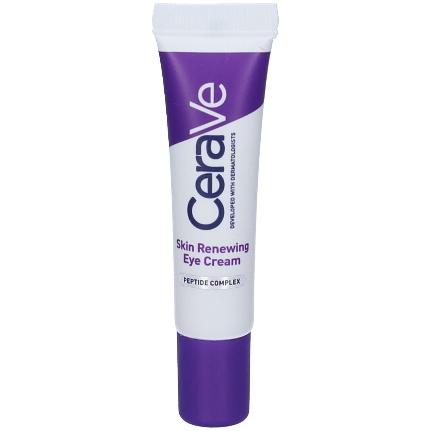 Confezione crema contorno occhi CeraVe Skin Renewing. Bianco, viola. Nome prodotto e logo.