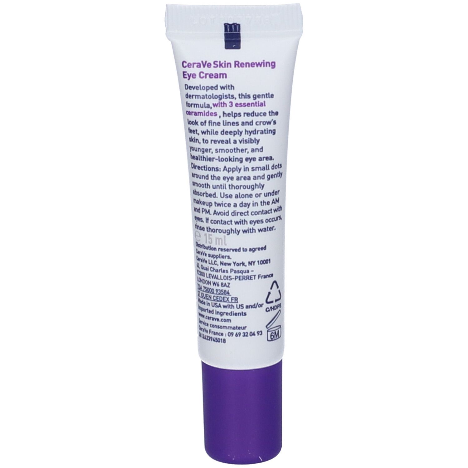 Confezione crema contorno occhi CeraVe Skin Renewing. Bianco, viola. Nome prodotto e logo.