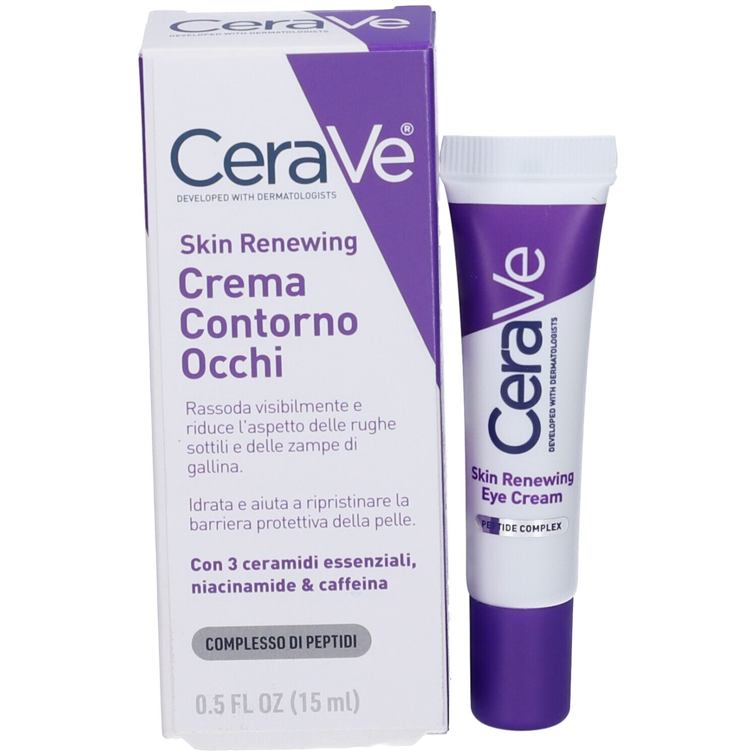Retro confezione crema contorno occhi CeraVe Skin Renewing. Informazioni testuali. Simboli riciclo.