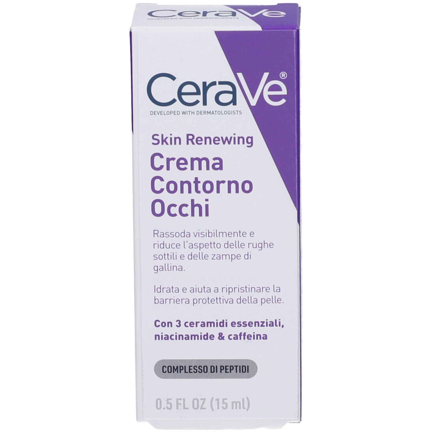Lato confezione crema contorno occhi CeraVe Skin Renewing. Informazioni prodotto. Tecnologia MVE.
