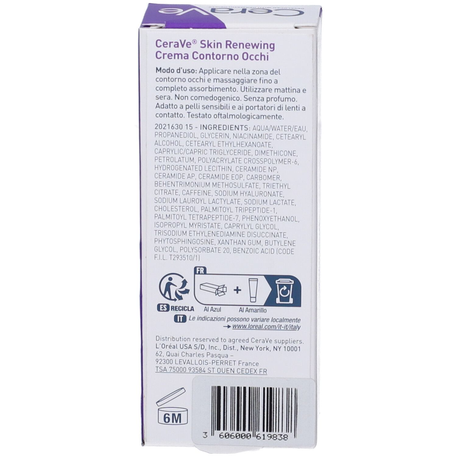 Lato della confezione crema contorno occhi CeraVe Skin Renewing. Testo e icone. 15 ml.