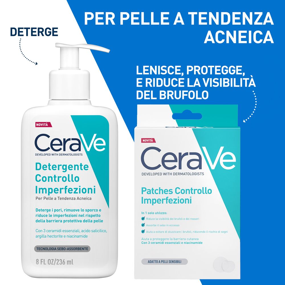 Detergente e cerotti CeraVe. Confezioni di detergente e cerotti. Testo: Per pelli a tendenza acneica.