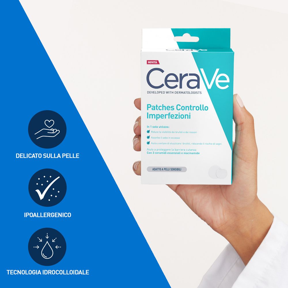 Mano che tiene la confezione di cerotti CeraVe. Icone: delicato sulla pelle, ipoallergenico, tecnologia idrocolloidale.