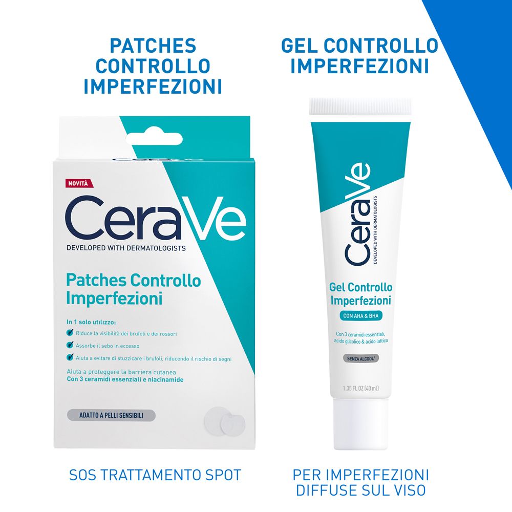 Cerotti e gel CeraVe. Confezione e tubo. Testo: Trattamento SOS spot, per imperfezioni diffuse.