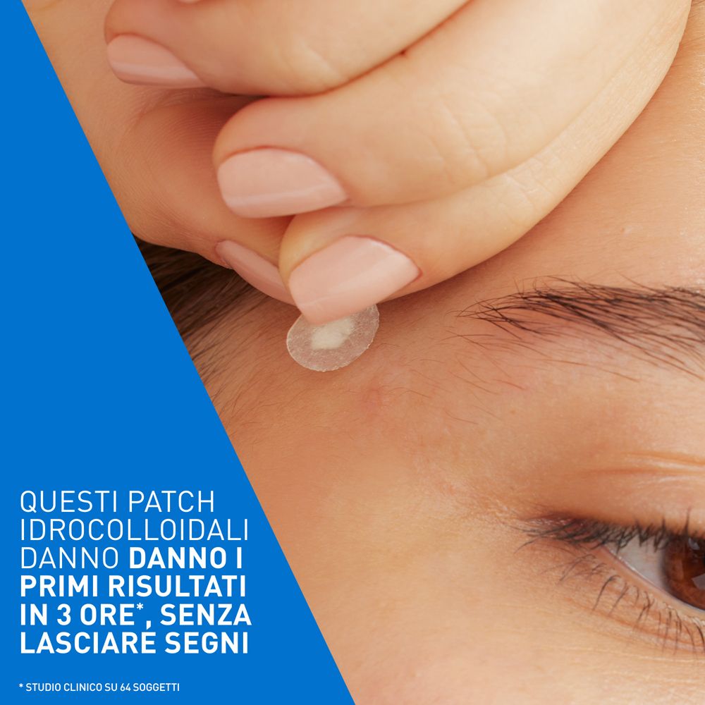 Persona che applica un cerotto CeraVe sulla fronte. Testo: Primi risultati in 3 ore.