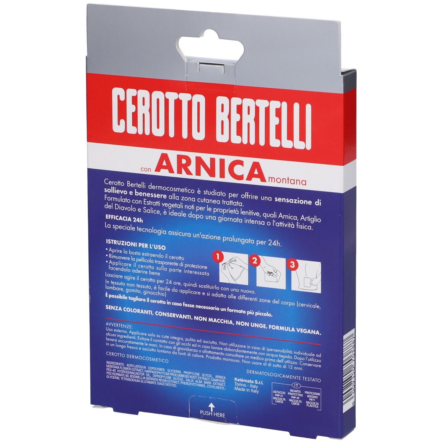 Retro della confezione Cerotto Bertelli con Arnica Montana. Testo e istruzioni. Colori blu e rosso.