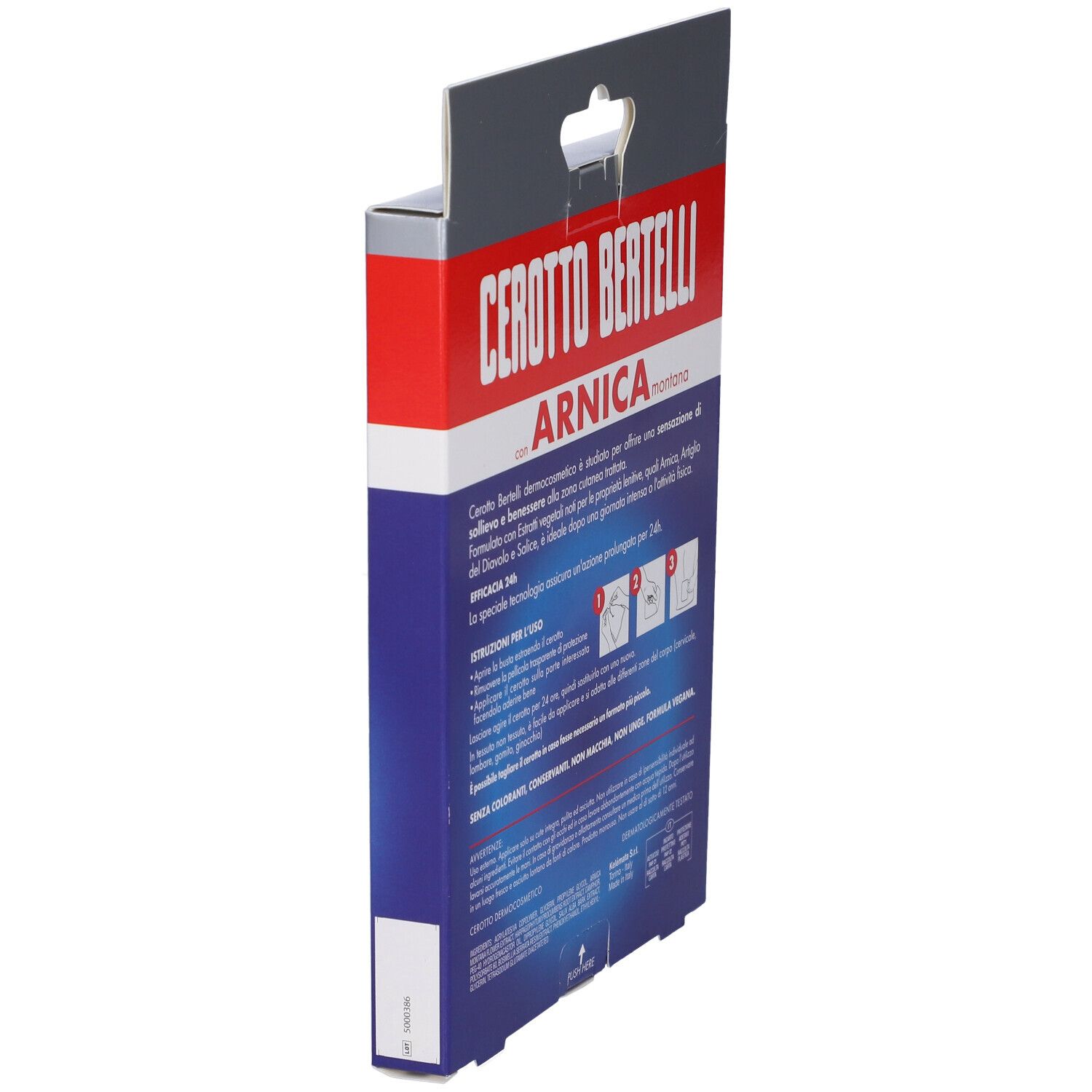 Vista laterale della confezione Cerotto Bertelli con Arnica Montana. Testo e istruzioni. Colori blu e rosso.