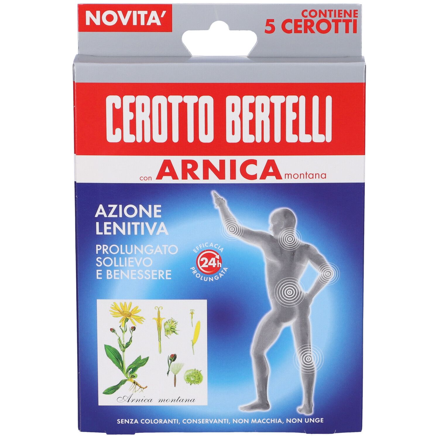 Confezione di Cerotto Bertelli con Arnica Montana. Contiene 5 cerotti. Scritte: Azione Lenitiva, efficacia 24h.