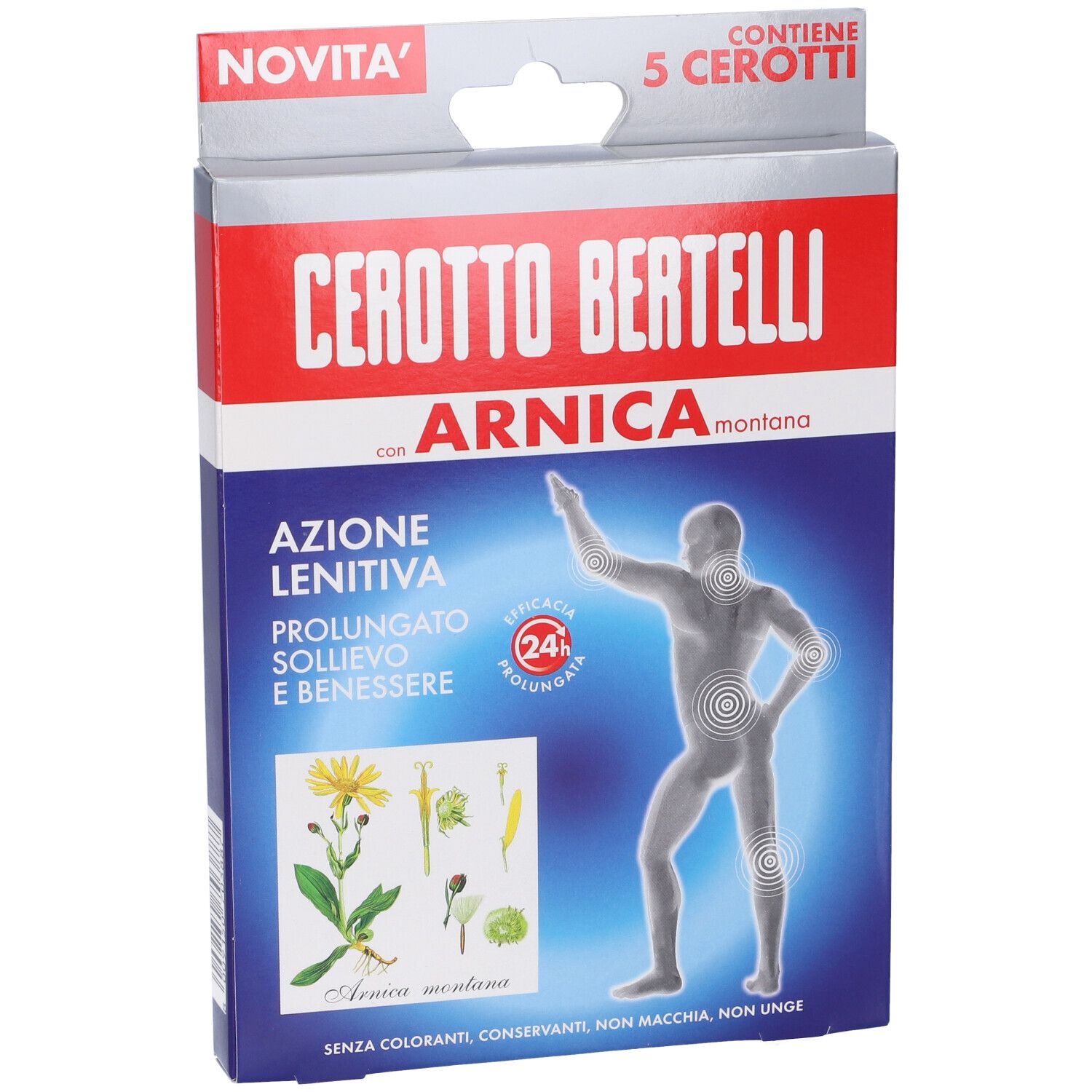 Confezione di Cerotto Bertelli con Arnica Montana. Contiene 5 cerotti. Scritte: Azione Lenitiva, efficacia 24h.