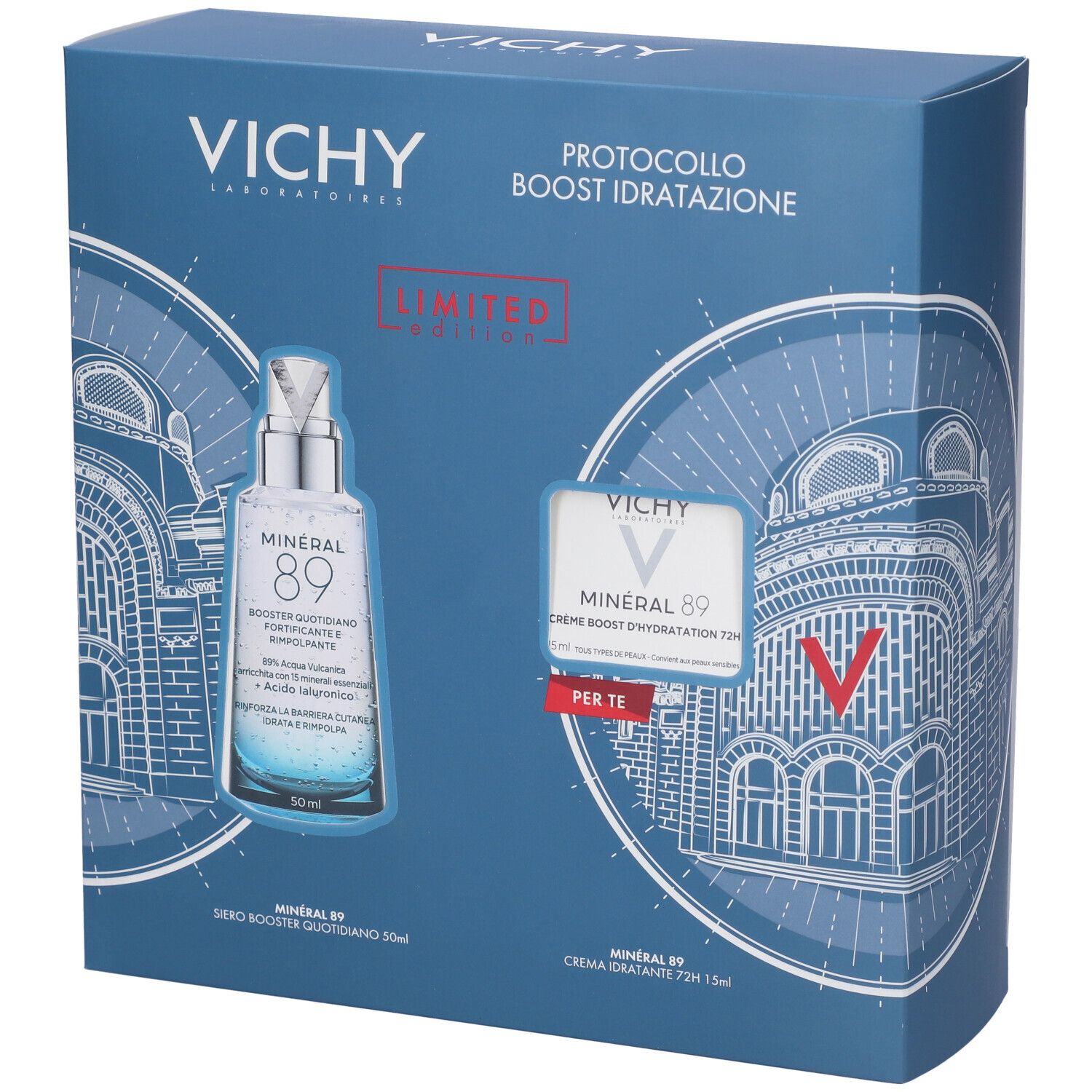 Confezione regalo blu e bianca. Scritte: Vichy, Minéral 89, Protocollo Boost Idratazione. Contiene siero e crema. Edizione limitata.