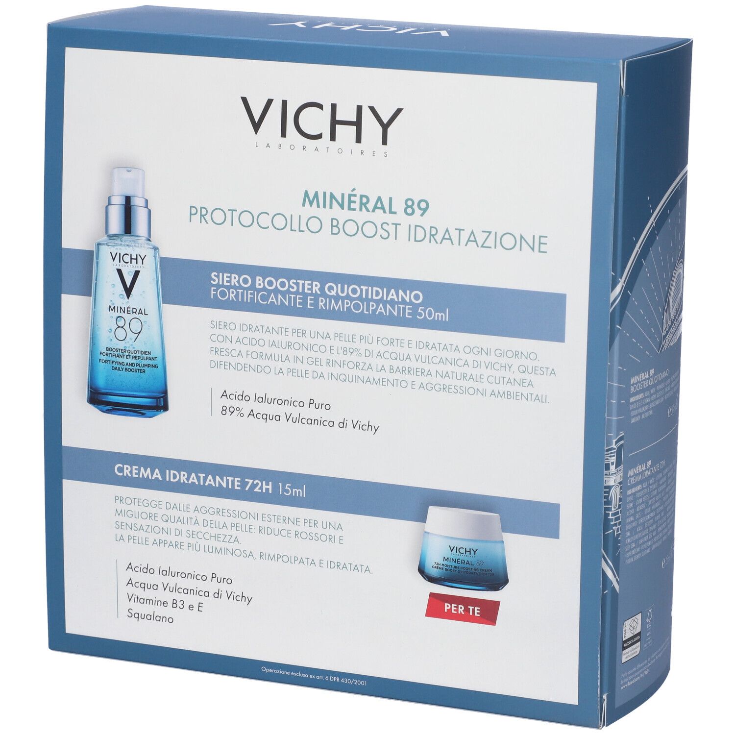 Retro della confezione regalo. Scritte: Vichy, Minéral 89, Protocollo Boost Idratazione. Contiene siero e crema. Ingredienti.