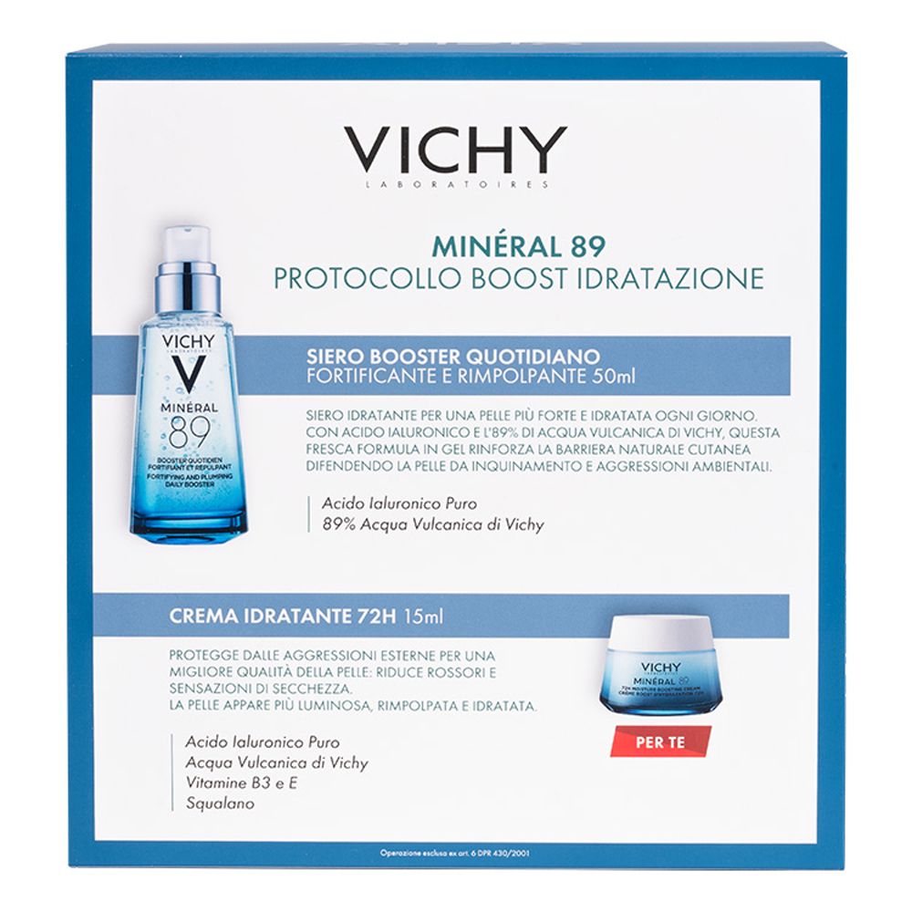 Retro del cofanetto regalo Vichy. Contiene siero e crema. Informazioni testuali e illustrazioni dei prodotti.