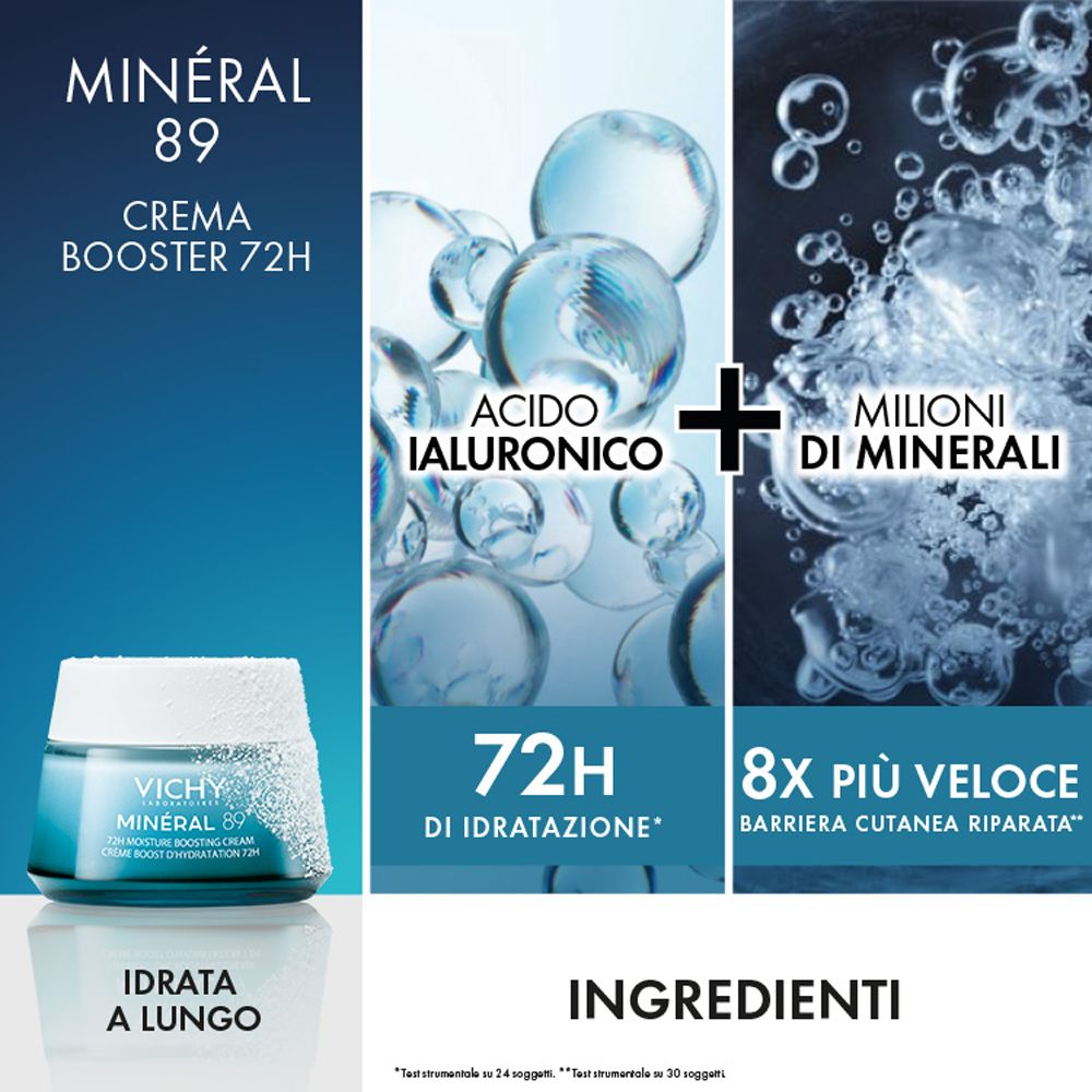 Vichy Mineral 89 crema e ingredienti. Sono raffigurate crema, bolle d'acqua e testo.