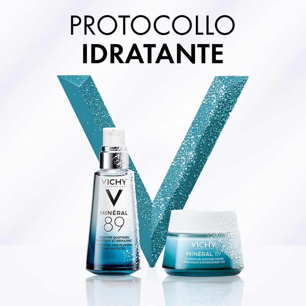 Siero e crema Vichy Mineral 89. Prodotti su sfondo blu. Testo: Protocollo Idratante.