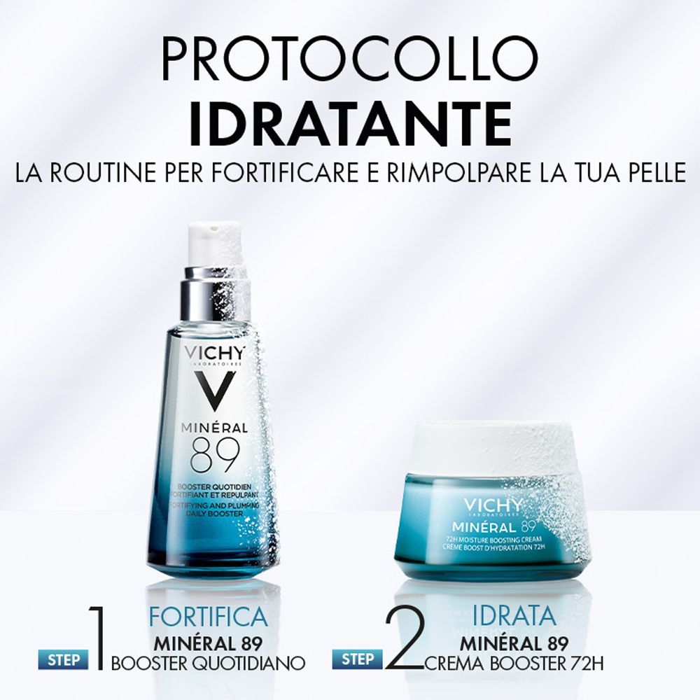 Siero e crema Vichy Mineral 89. Prodotti su sfondo blu. Testo: Protocollo Idratante.