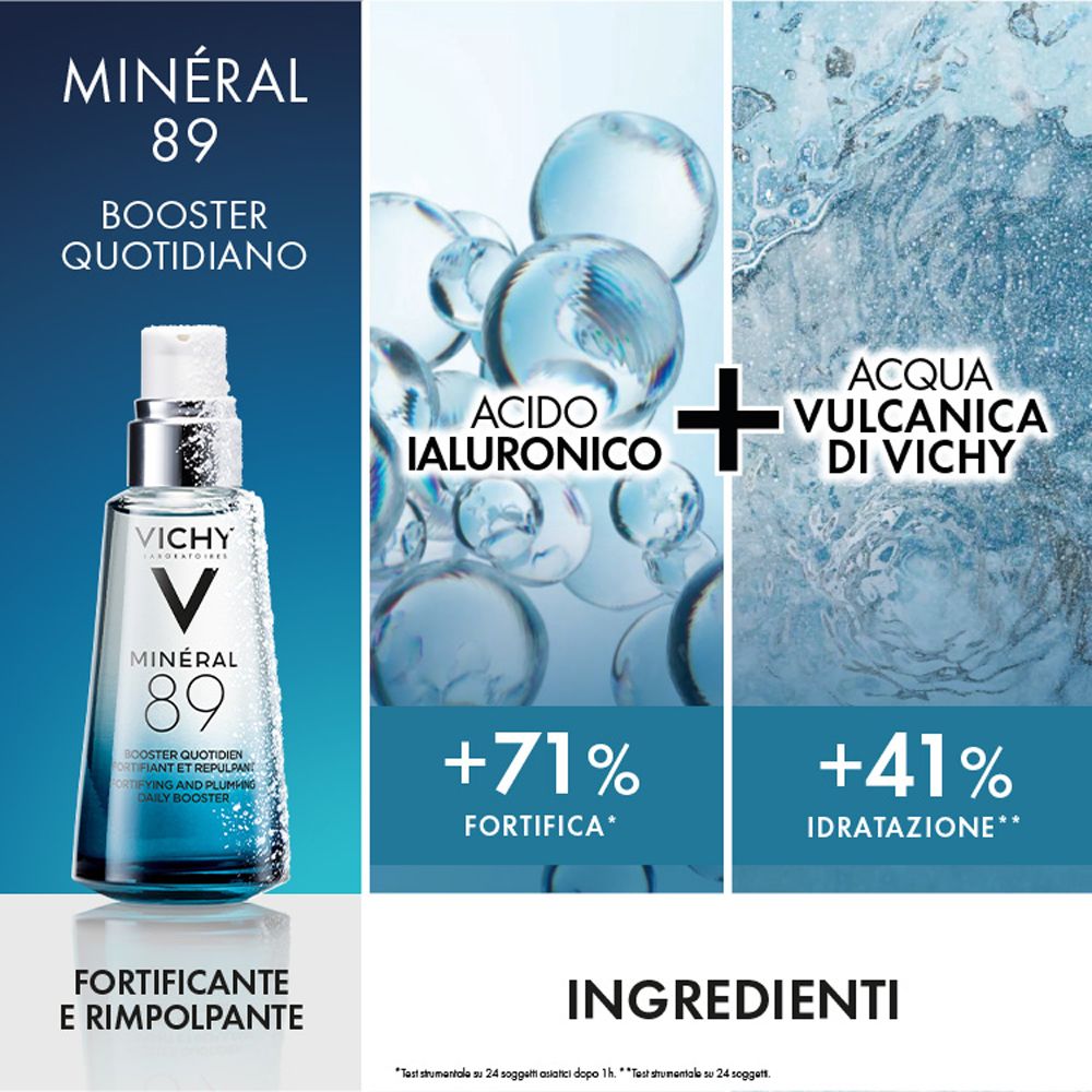 Siero Vichy Mineral 89 e ingredienti. Sono raffigurati siero, bolle d'acqua e testo.