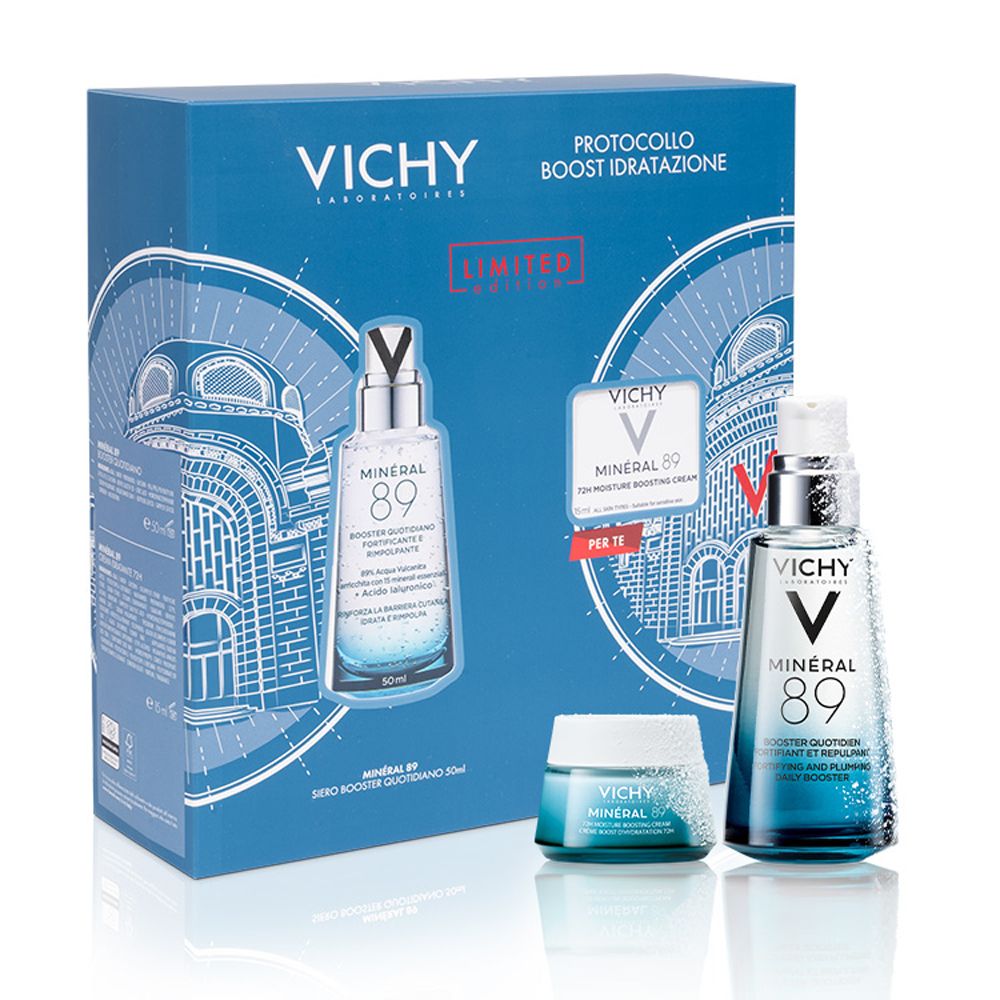 Cofanetto regalo Vichy. Contiene siero e crema. Confezione blu e bianca con logo e testo.