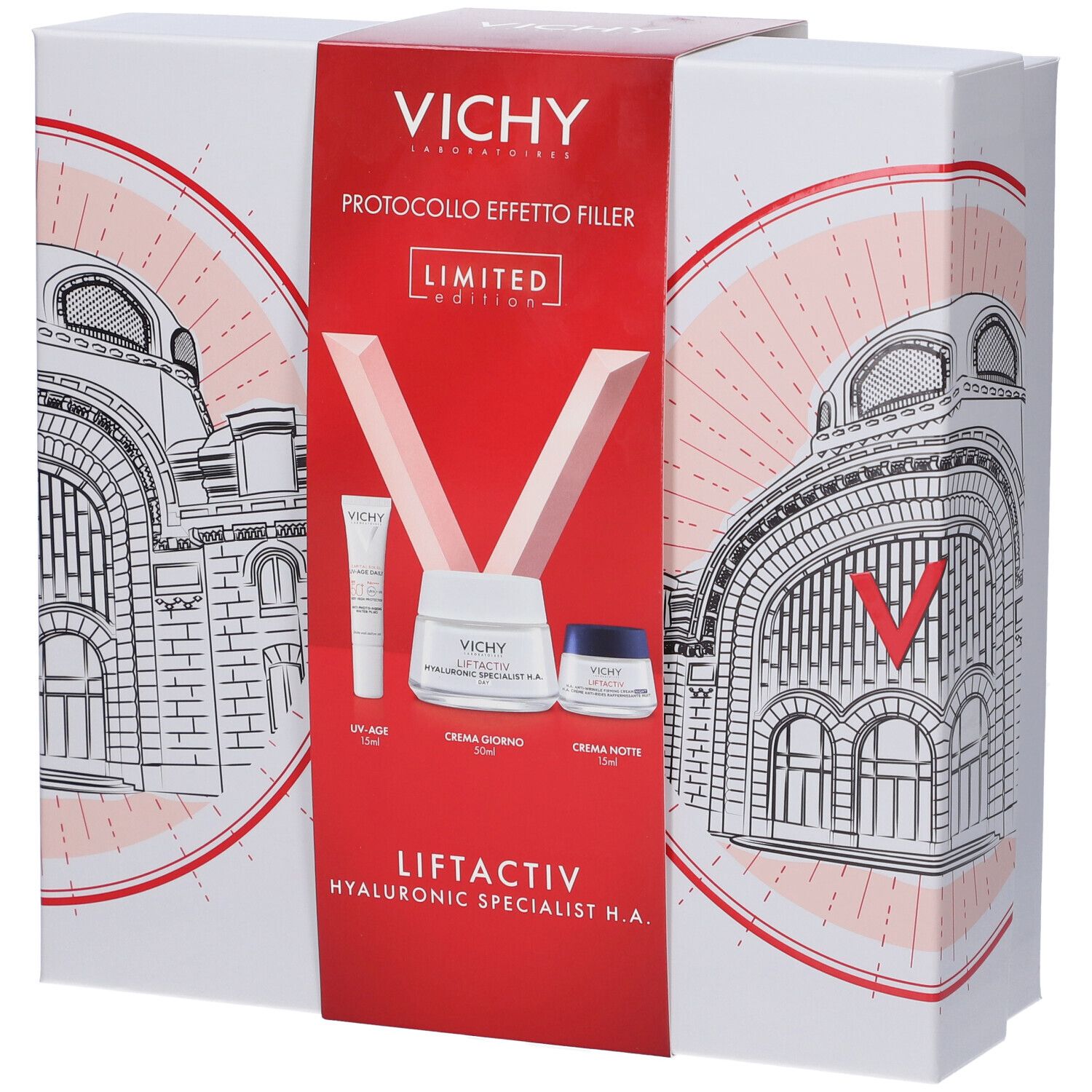 Cofanetto regalo Vichy con tre prodotti. Creme e tubetto. Con logo e testo.