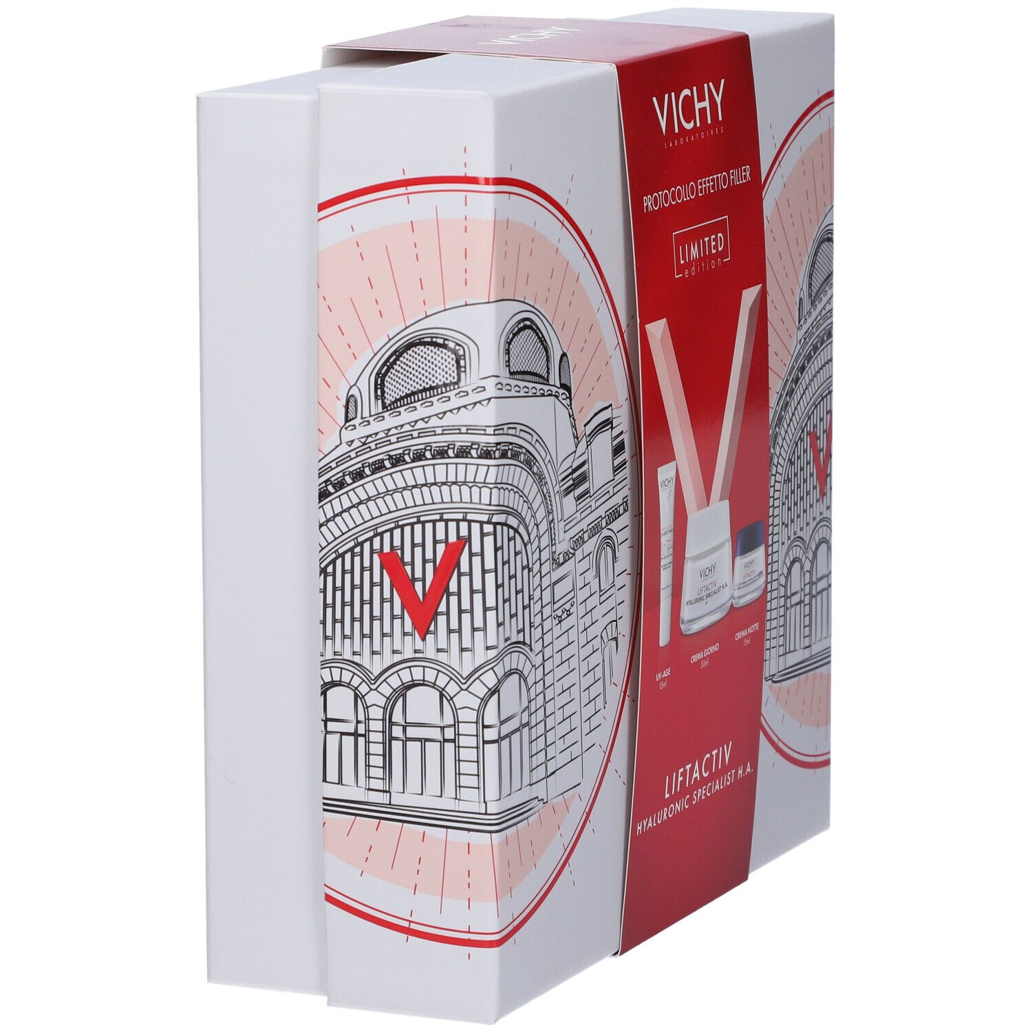 Scatola regalo, vista laterale. Testo e logo. Contiene prodotti.