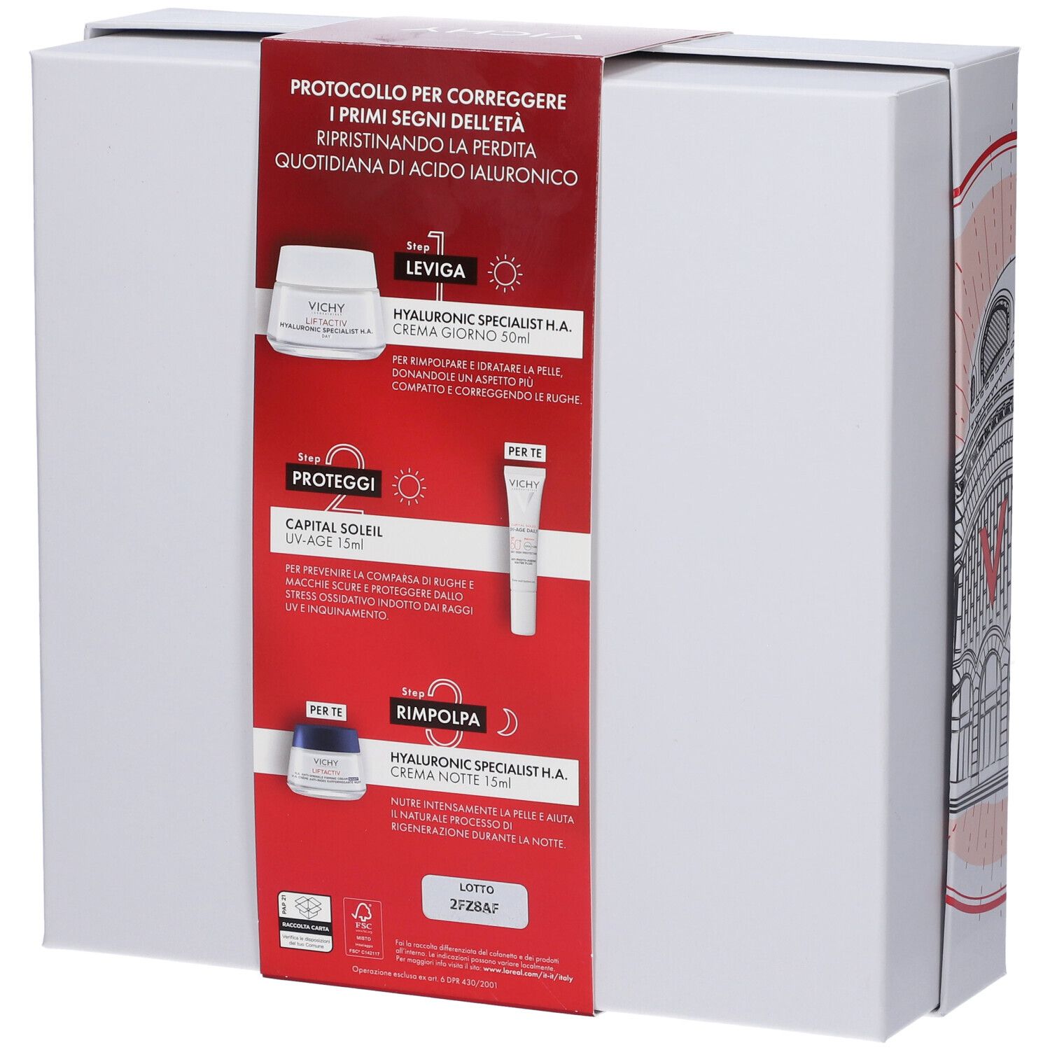 Retro del cofanetto regalo con testo e immagini dei prodotti. Contiene crema e tubetto.