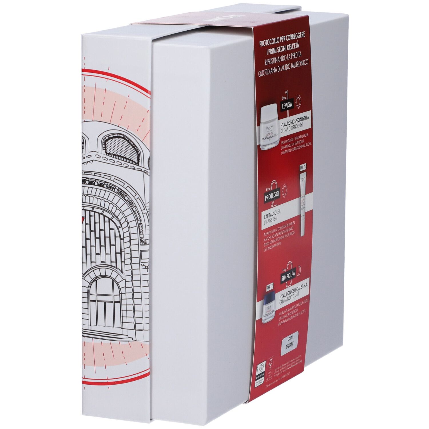 Cofanetto regalo Vichy con tre prodotti. Creme e tubetto. Con logo e testo.