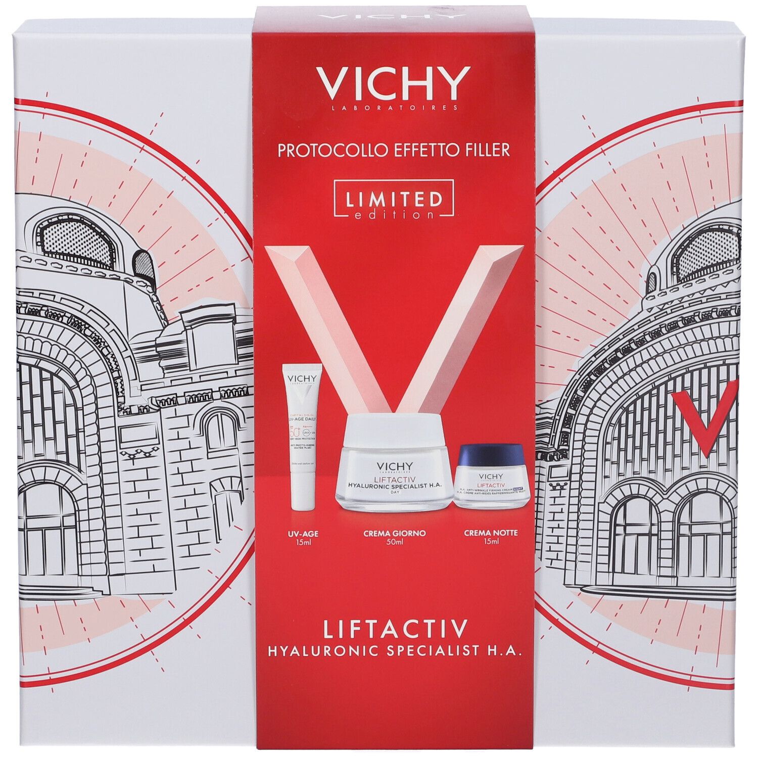 Cofanetto regalo Vichy con tre prodotti. Creme e tubetto. Con logo e testo.