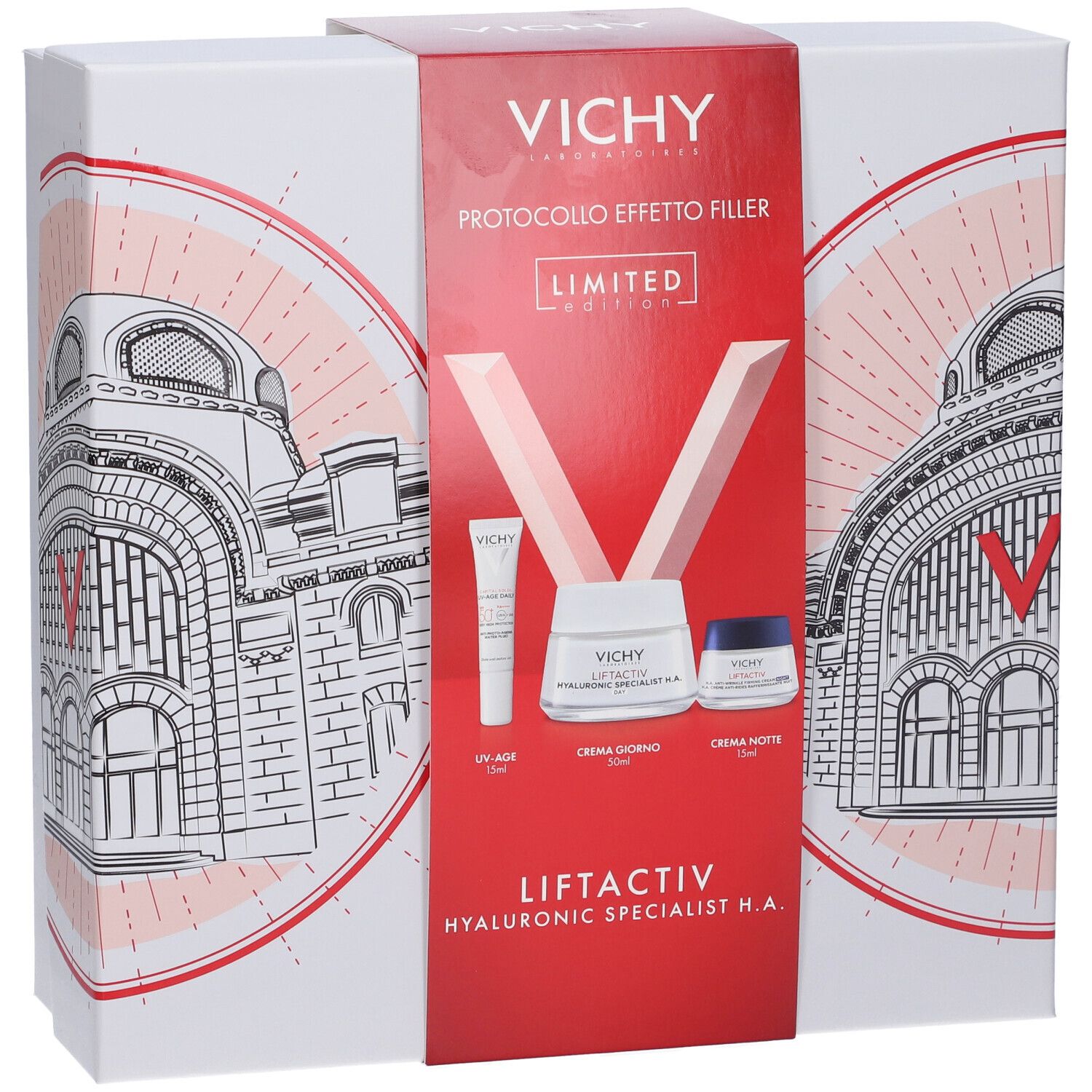 Cofanetto regalo Vichy con tre prodotti. Creme e tubetto. Con logo e testo.