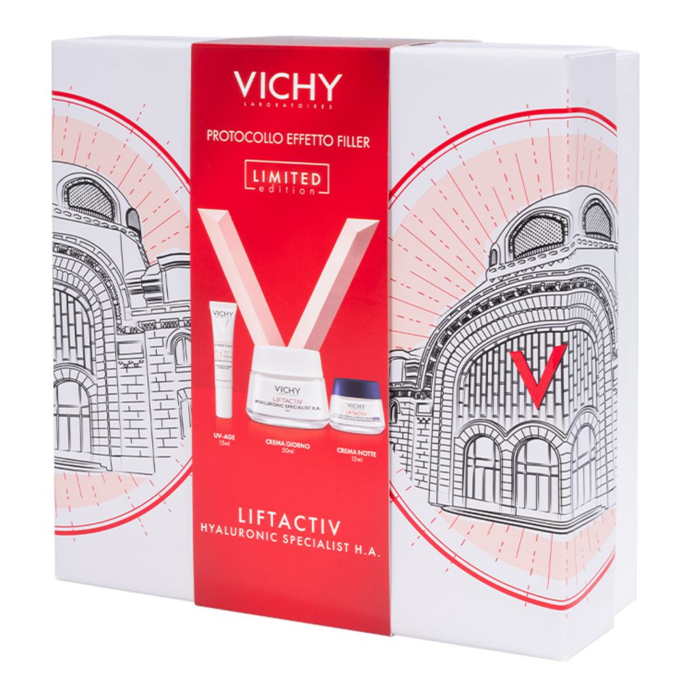 Cofanetto regalo Vichy con tre prodotti. Creme e tubetto. Con logo e testo.