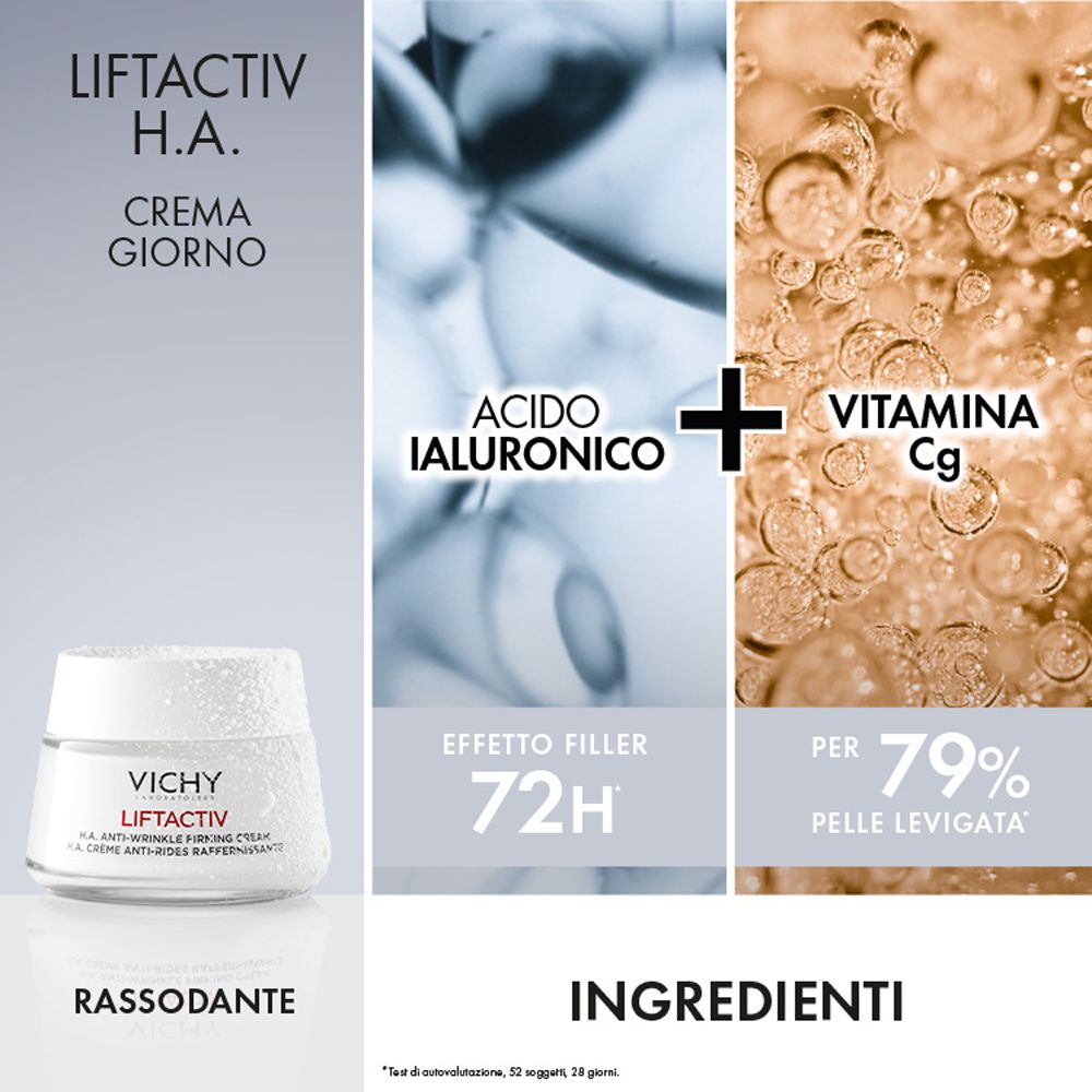 Tre prodotti: crema, ingredienti e testo. Logo e scritta Vichy.