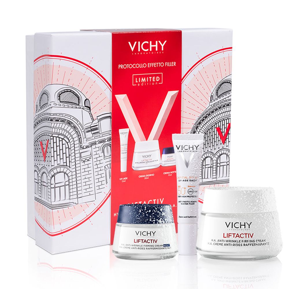 Cofanetto regalo Vichy con tre prodotti. Creme e tubetto. Con logo e testo.