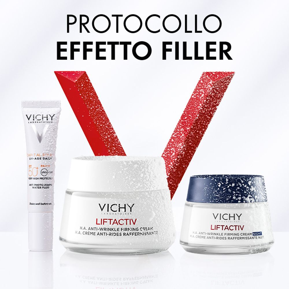 Tre prodotti: crema, tubetto e crema. Logo e scritta Vichy.