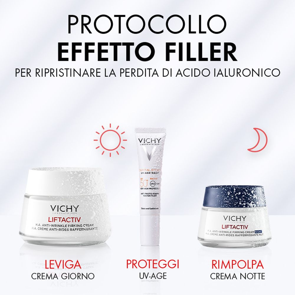 Tre prodotti: crema, tubetto e crema. Logo e scritta Vichy.