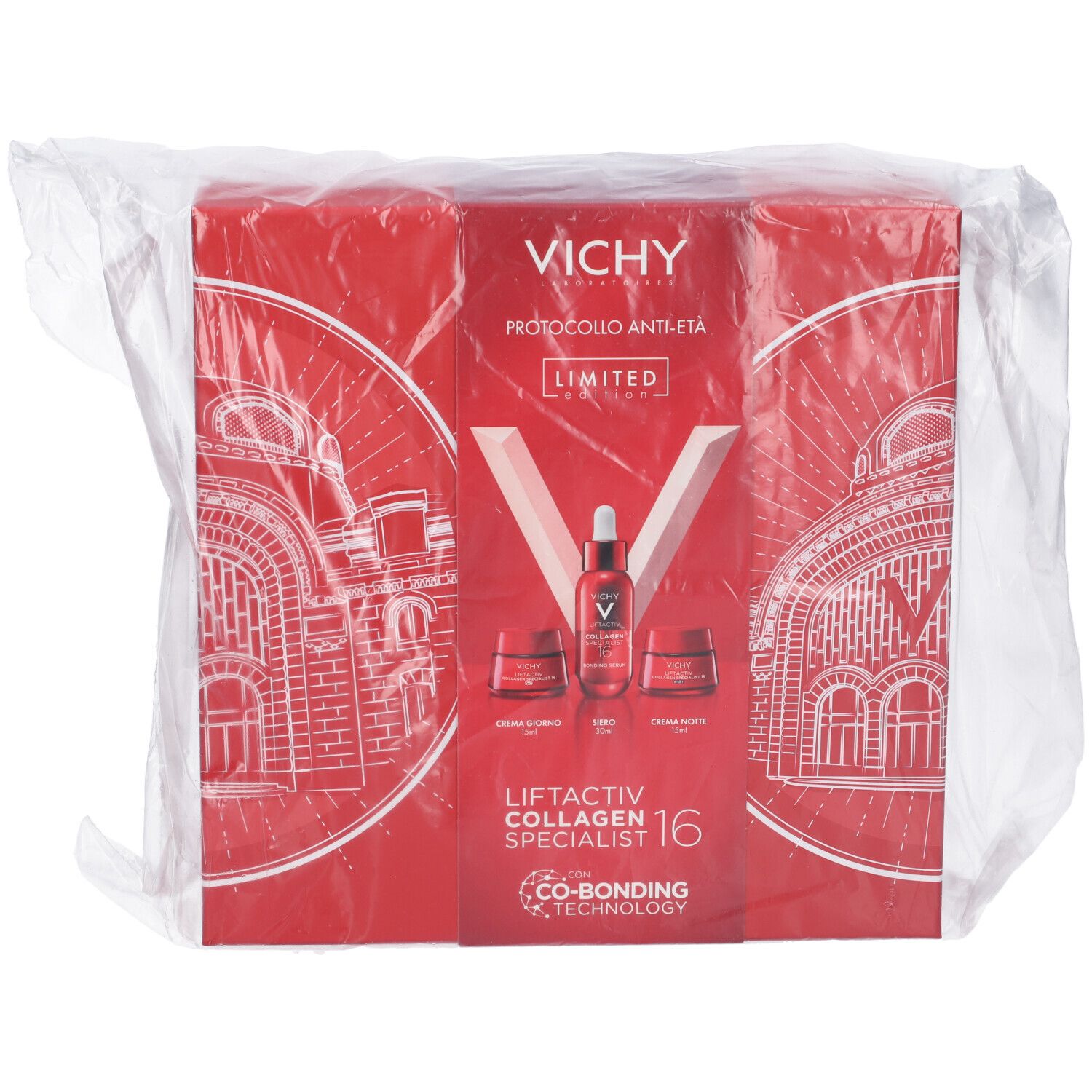 Confezione regalo rossa Vichy in confezione trasparente. Contiene siero, crema giorno e notte. Testo: Liftactiv Collagen Specialist 16.