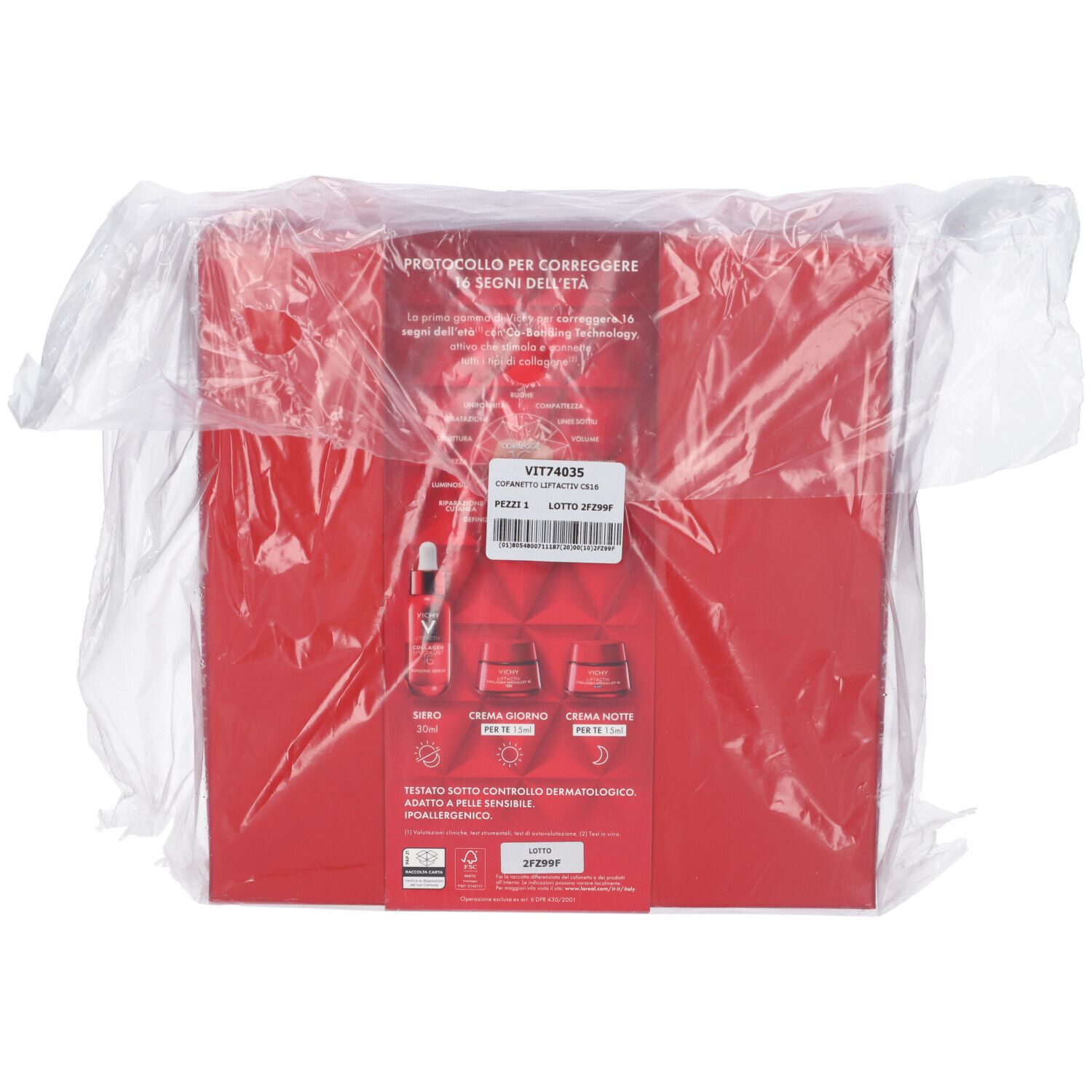 Retro della confezione regalo rossa Vichy in confezione trasparente. Contiene siero, crema giorno e notte. Testo: Protocollo Anti-Età.