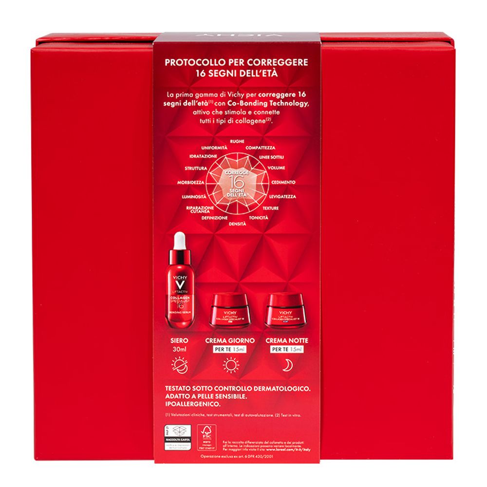 Retro della confezione regalo rossa Vichy. Contiene siero, crema giorno e notte. Testo: Protocollo per correggere 16 segni dell'età.