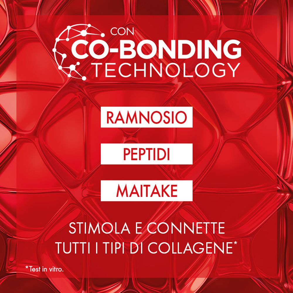 Sfondo rosso con testo: Co-Bonding Technology, Ramnosio, Peptidi, Maitake. Stimola e connette tutti i tipi di collagene.