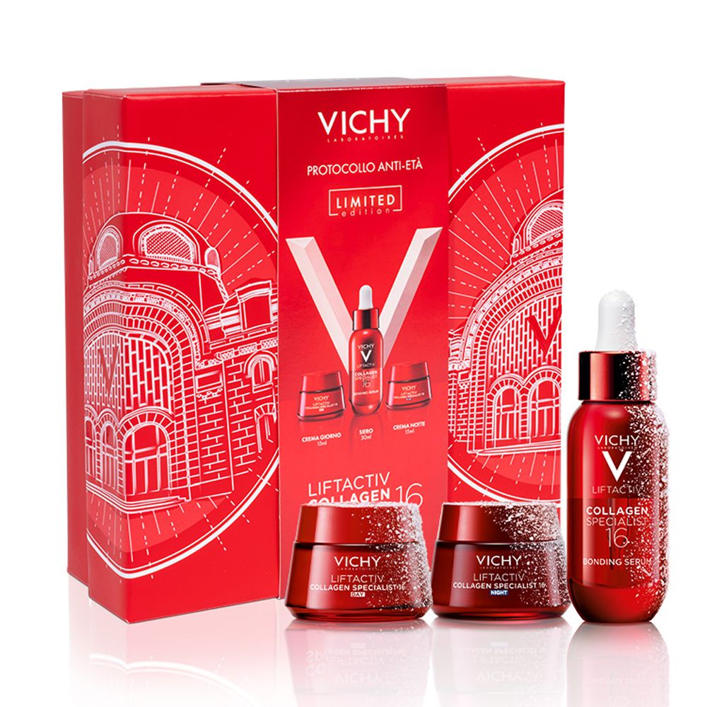 Confezione regalo rossa Vichy con siero, crema giorno e notte. Testo: Liftactiv Collagen Specialist 16. Prodotti su sfondo bianco.