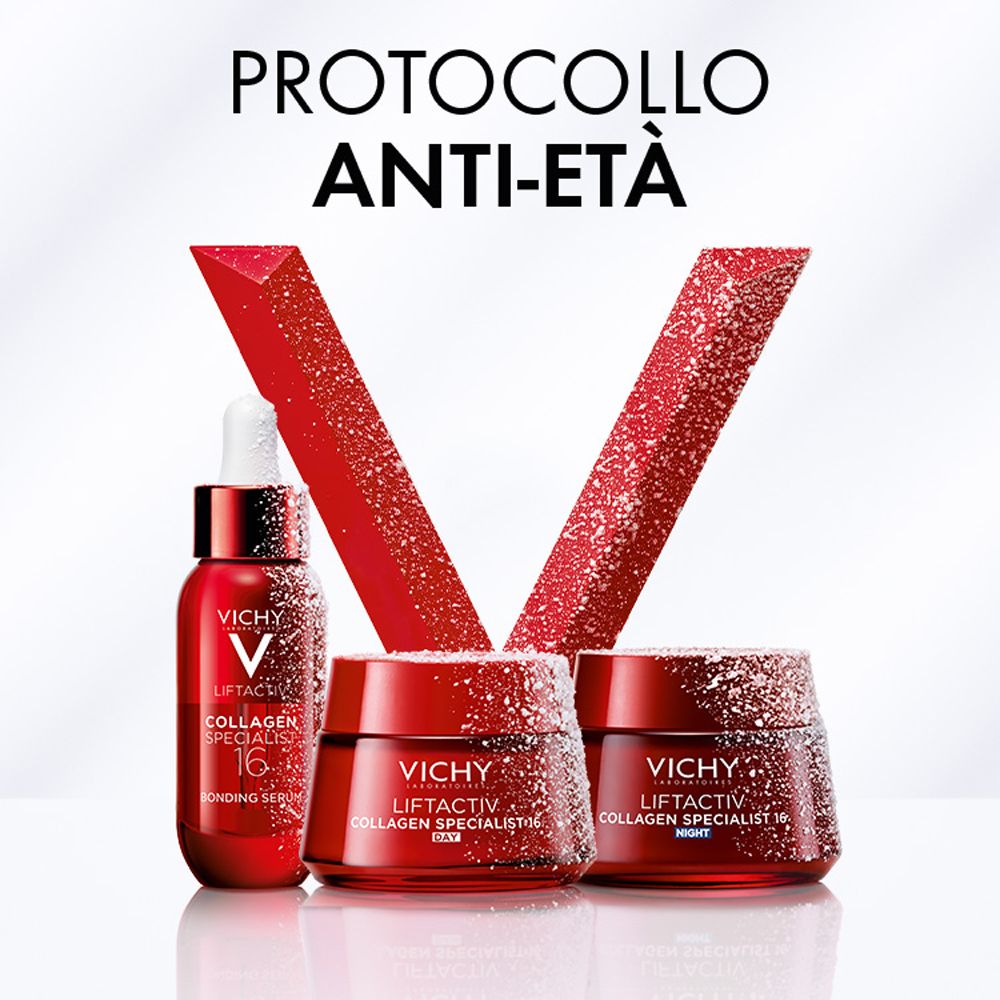 Prodotti Vichy su sfondo bianco. Contiene siero, crema giorno e notte. Testo: Protocollo Anti-Età.